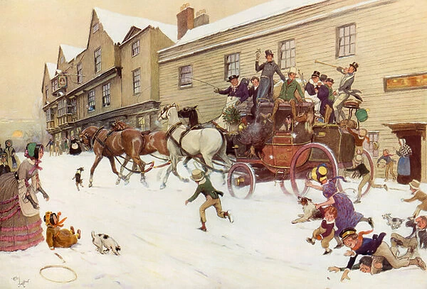 The Christmas Coach at the Bell Inn, Hurley, 1830 (colour litho)