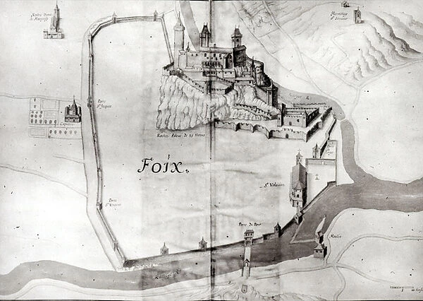 City of Foix, from Grand Atlas, early 17th century (w  /  c on paper) (b  /  w photo)