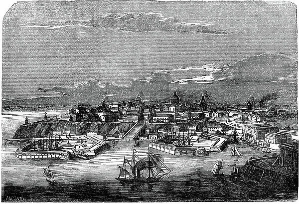 The city of Odessa (Russia, Ukkraine, Black Sea) and its port in the middle of the 19th century. Engraving of the Dictionnaire Universelle, Pantheon litteraire et encyclopedie illustree by Maurice La Chatre (Lachatre), edition 1853