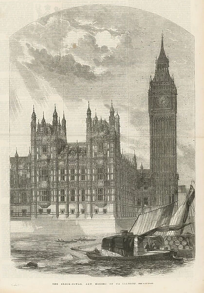 The clock tower at the new Houses of Parliament (engraving)