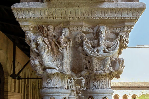 The Cloister of the Benedectine monastery (XII century): the Western side of capital N8 (While the soul of the poor man approaches heaven securely in the bosom of Abraham, the rich man must atone for his sins in the fires of Hell) (photo)