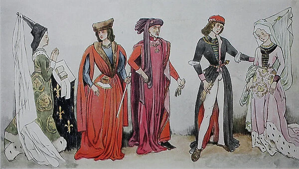 Clothes, Burgundian from 1425-1490, costumes at court, from lks, King Charlotte of Savoy with Henn