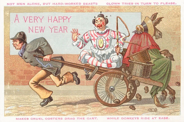 Clown and Donkey being pulled in cart, New Year Card (chromolitho)