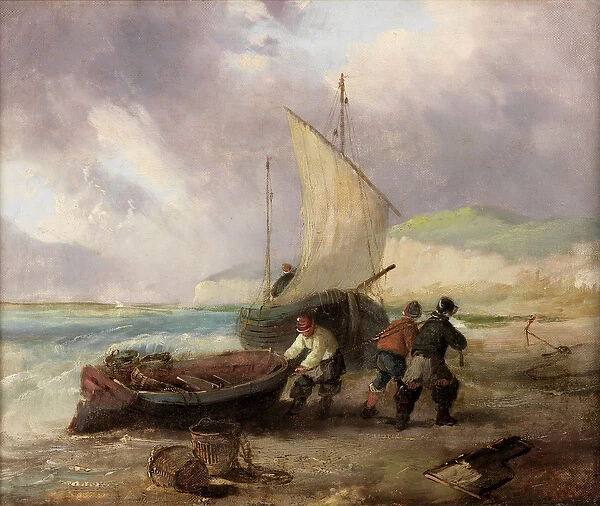 Coast Scene with Fishing Boats (oil on canvas)