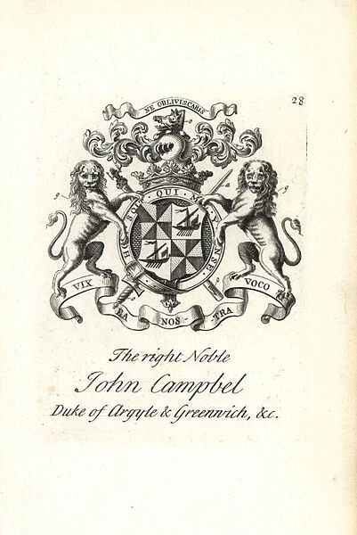 Coat of arms and crest of the right noble John Campbell, 2nd Duke of Argyll and Greenwich