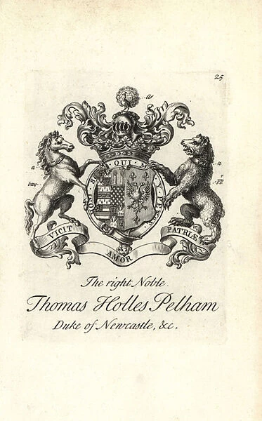 Coat of arms and crest of the right noble Thomas Holles Pelham, 1st Duke of Newcastle, 1693-1768
