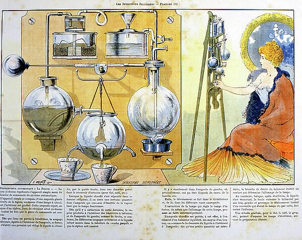 Coffee or tea making machine heated by a small spirit lamp. From periodical on inventions published Paris 1900. Engraving