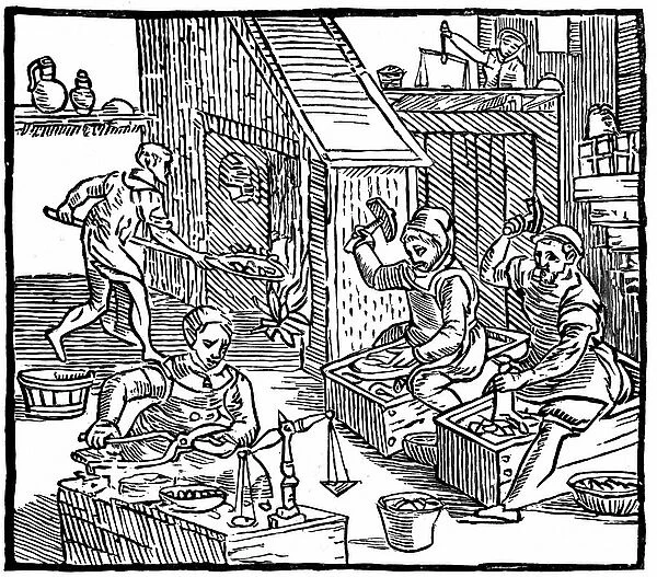 Coiners at work: Interior of a mint showing coins being stamped out and weighed to see they contain correct amount of metal. 1577, (woodcut from Ralph Holinshead Chronicles of England, Scotland and Ireland)