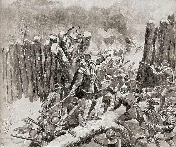 The colonial assault on the Narragansetts' fort in the Great Swamp Fight in December 1675 during King Philip's War, aka First Indian War, Metacom's War, Metacomet's War, or Metacom's Rebellion. From The History of Our Country, published 1899