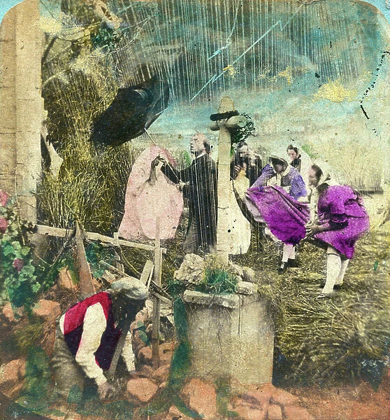 Colorful photo, a man looks at the legs of women of a group surprised by a storm of wind, 1865