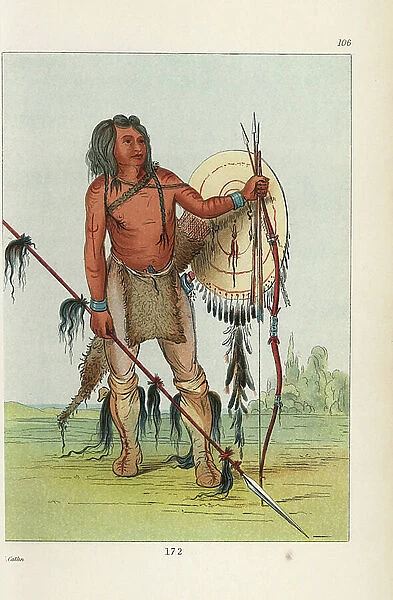 Comanche warrior His-oo-san-ches, the Spaniard, with shield, quiver, bow and lance decorated with scalp-locks. Handcoloured lithograph from George Catlin's Manners, Customs and Condition of the North American Indians, London, 1841