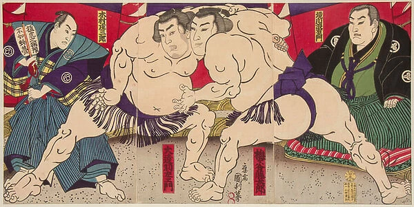 Combat des lutteurs de sumo Umegatani Rodachi et Kimura Shonosuke. Estampe de Utagawa Kunitoshi (1847-1899), vers 1885 - Wrestling match Umegatani Rodachi vs Kimura Shonosuke, by Kunitoshi, Utagawa (1847-1899). Colour woodcut, ca 1885