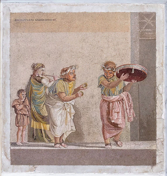 Comedy scene: itinerant musicians, signed by Dioscuride from Samo (mosaic)