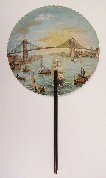 'Commemorative fan printed with scene of Brooklyn Bridge'(cardboard leaf)