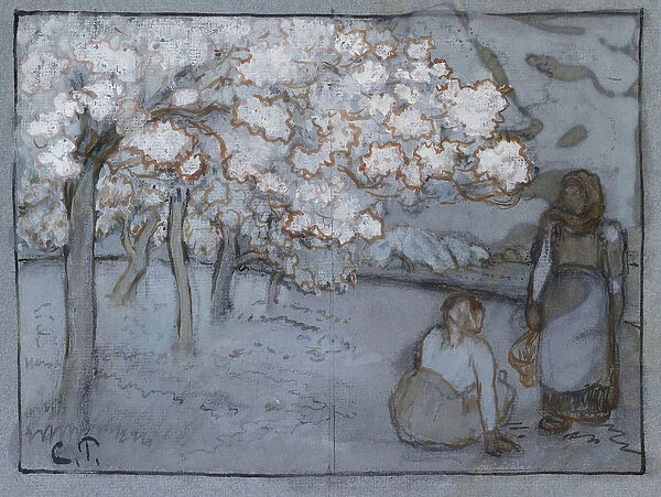 Compositional study of two female peasants conversing in an orchard, c