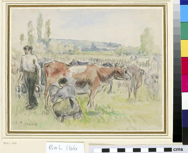 Compositional study of a milking scene at Eragny-sur-Epte (w  /  c over black chalk on paper)
