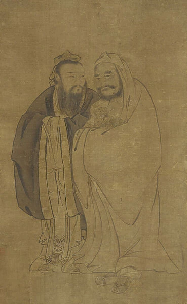 Confucius and Buddha Cradling a Qilin (ink and colour on silk)