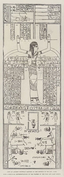 Copy of Ancient Egyptian Papyrus in the Museum of Boulak, Cairo, with Symbolical Representations of the Waters of the Nile and Lake Moeris (engraving)
