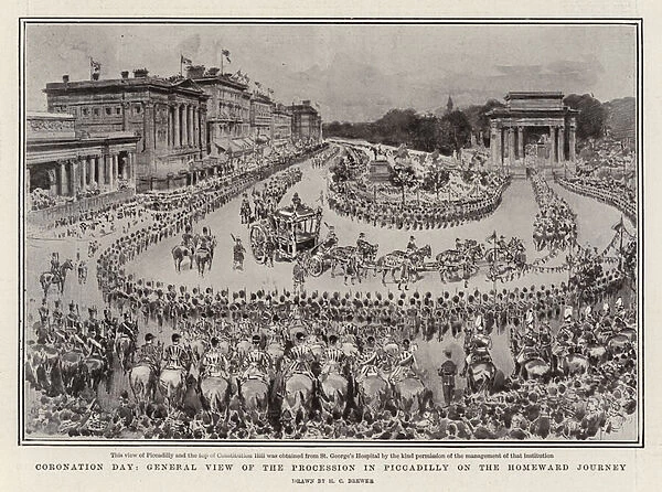 Coronation Day, General View of the Procession in Piccadilly on the Homeward Journey (litho)