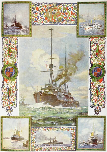 The Coronation Year Super Dreadnought Neptune and vessels King George V commanded. From top left clockwise, Torpedo Boat No. 79, Gun Boat Thrush, The Cruiser Crescent, Battle Cruiser Indomitable and The Cruiser Melampus