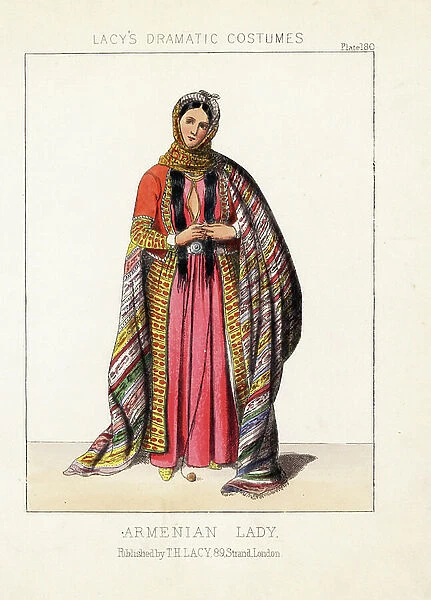 Costume of an Armenian lady, 19th century. She wears a turban, a woven shawl, long jacket over a robe, her long hair loose, and crochets wool. Handcoloured lithograph from Thomas Hailes Lacy's '' Female Costumes Historical