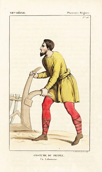 Costume of a farm plowing with plough, 12th century. He wears a short tunic over stockings, leather shoes with laces up the calf. Handcoloured copperplate drawn and engraved by Leopold Massard from '