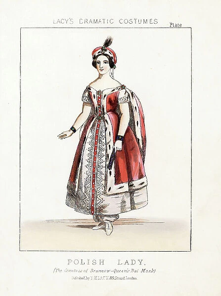 Costume of a Polish lady worn by the Countess of Brunnow, wife of the Russian ambassador, at Queen Victoria's Mask Ball, 1842. Handcoloured lithograph from Thomas Hailes Lacy's '' Female Costumes Historical