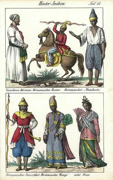 Costumes from Burma (Myanmar): a nobleman, a rider and a soldier of the artillery, a minister and a woman of the nobility. Lithography for the book: '' Galerie complete en tableaux fideles des peuples d'Asie'' by Friedrich Wilhelm Goedsche