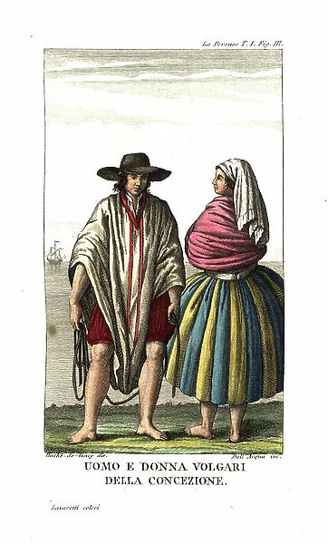 Costumes of the common native people of Concepcion, Chile. The man in a poncho and hat, the woman in shawl and skirt with petticoats. Illustration by Gaspard Duche de Vancy From Jean Francois de Galaup, Earl of La Perouse (1741-1788) Journal