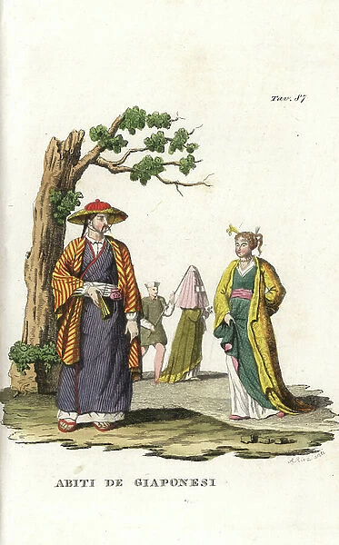 Costumes of the Japanese, 1820s. Man in hat, kimono and sandals, holding a fan, and woman in silk robes with hair ornaments. In the background a woman is protected from strangers eyes by a servant holding a veil with a window