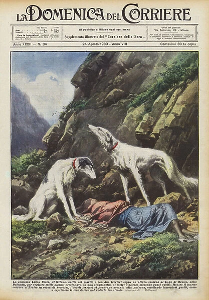 Countess Lucia Costa, of Milan, climbed with her husband and two greyhounds over a hill around... (colour litho)