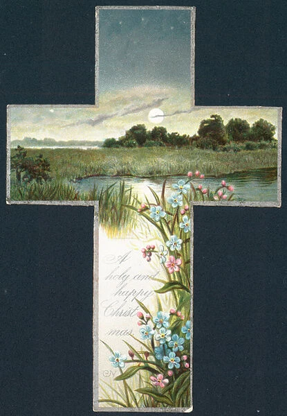 Country Scene inside Cross, Christmas Card (chromolitho)