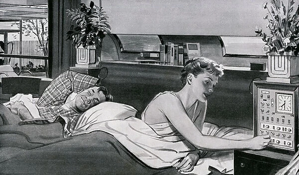 Couple in Bed Adjusting Their Home Automation System, 1955 (screen print)