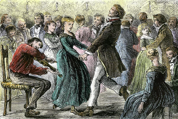 Couple dancing to the music of a violinist (hoedown, American folk dance), 19th century. Colourful engraving of the 19th century