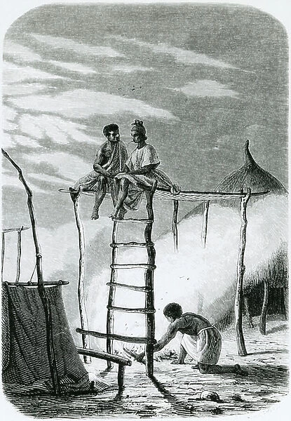 Couple sitting on wooden construction. 19th century (engraving)