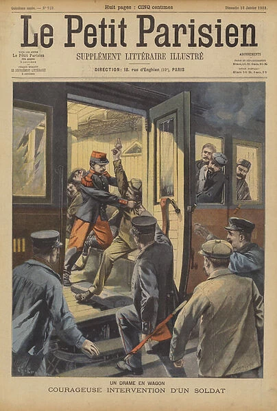 Courageous intervention by a soldier to stop a crime on a train (colour litho)