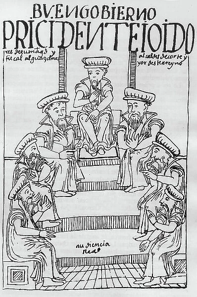 Cover of book 'Oidores de la Real Audiencia, en Nueva cronica y buen gobierno' chronicle by elipe Guaman Poma de Ayala, (1530 / 50-1615), Peru, after fall of inca empire