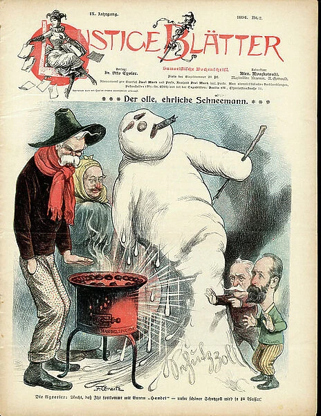 Cover of Luestige Blaetter, 1894 - Winter, Identifier, German language, Foreign press - Crispi Francesco, Snowman - Cigar