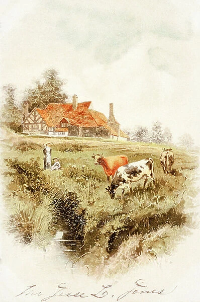 Cows and people on a farm, 1850