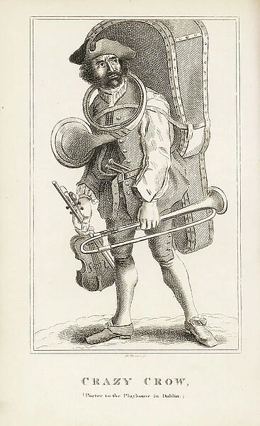 Crazy Crow, porter to the Playhouse in Dublin, carrying a violin, trumpet, viola and drumsticks. Copperplate engraving by R. Grave from John Caulfield's Portraits, Memoirs and Characters of Remarkable Persons, Young, London, 1819