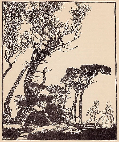 She crept after them secretly, as witches do creep. Illustration by Arthur Rackham from Grimm's Fairy Tale Little Brother and Little Sister