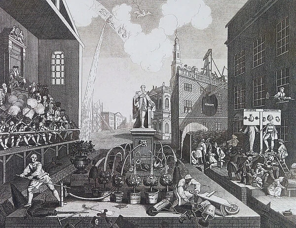 Two criminals in a pillory or stocks in London, 18th (engraving)