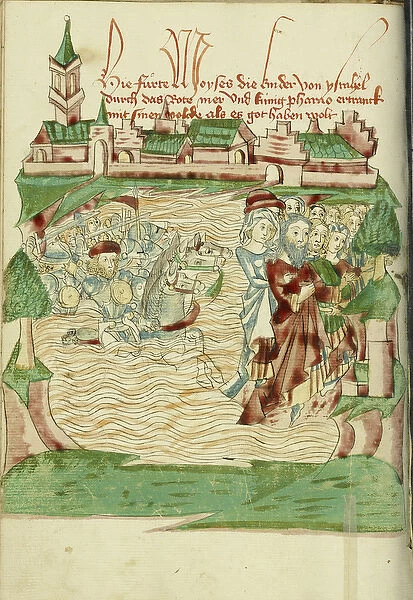 The crossing of the Red Sea Ms Ludwig XV 9 fol. 56v, 1469 (ink, colour washes