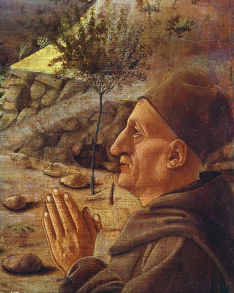 The Crucifixion (detail of the head of the patron) (oil on panel)