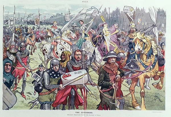 The Crusaders Marching Embattled Gainst the Saracens of Graft, illustrated in Puck magazine, February 21, 1906 (colour litho)