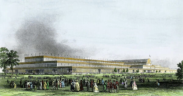 The Crystal Palace in London (England), built during the major industrial exhibition of 1851. Illustration, 19th century lithography