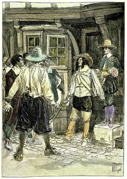 Cyrano de Bergerac, sword in hand, is preparing to fight in a duel. Illustration by Vogel of the novel ' Les Cadets de Gascony', 19th century
