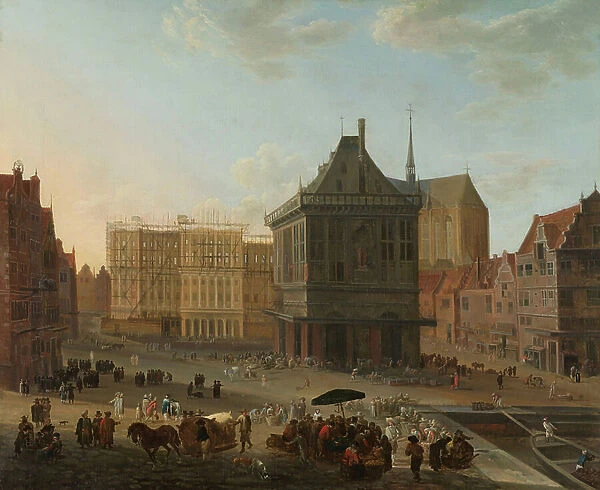 The Dam in Amsterdam with the new Town Hall under Construction, 1652-89 (oil on canvas)