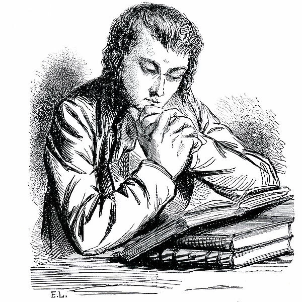 Daniel d'Arthez reading a book: one of the characters in the novel by Honore de Balzac ' Lost Illusions' (series La Comedie Humaine). Engraving by Auguste-Hilaire (Auguste Hilaire) Eugene Lampsonius (Eustage Lorray)