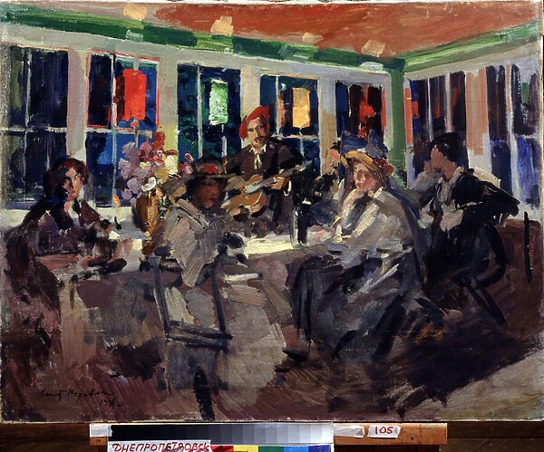 Dans un cafe (In a Cafe). Femmes attablees pres d une baie vitree, eclairee de lanternes de couleur, accompagnees d un guitariste. Peinture de Konstantin Alexeyevich Korovin (Constantin Korovine) (1861-1939), huile sur toile, 1918